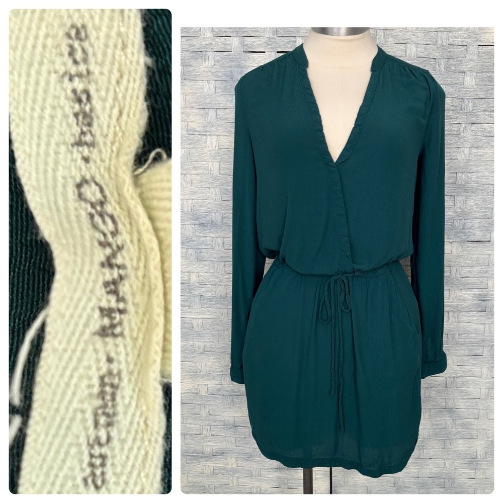 Mango XS Shirt Dress Basics Green V Neck‎ Long Sleeve Drawstring Waist